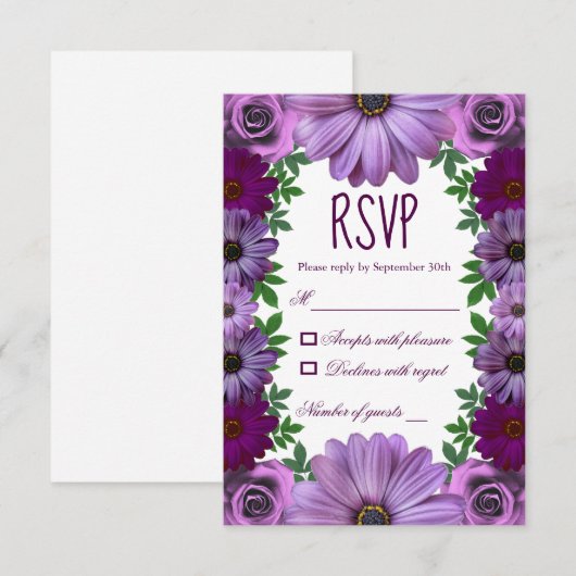 Regal Paarse Floral Wedding RSVP Kaartje (Voorkant / Achterkant)