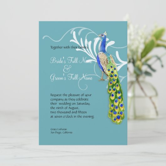 Regal Peacock & Swirls Bruiloft uitnodiging (Staand voorkant)
