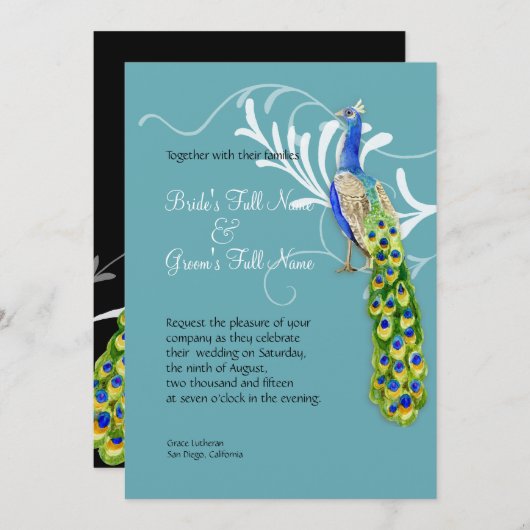 Regal Peacock & Swirls Bruiloft uitnodiging (Voorkant / Achterkant)