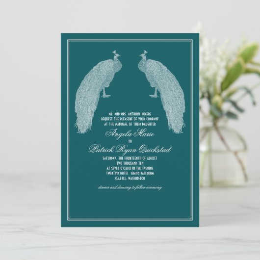 Regal Peacocks Wedding Invitation Kaart (Staand voorkant)