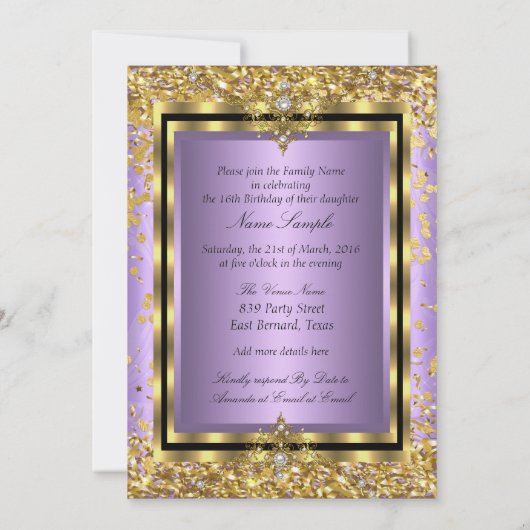 Regal Princess Sweet 16 Gold Lavender Paarse Party Kaart (Achterkant)