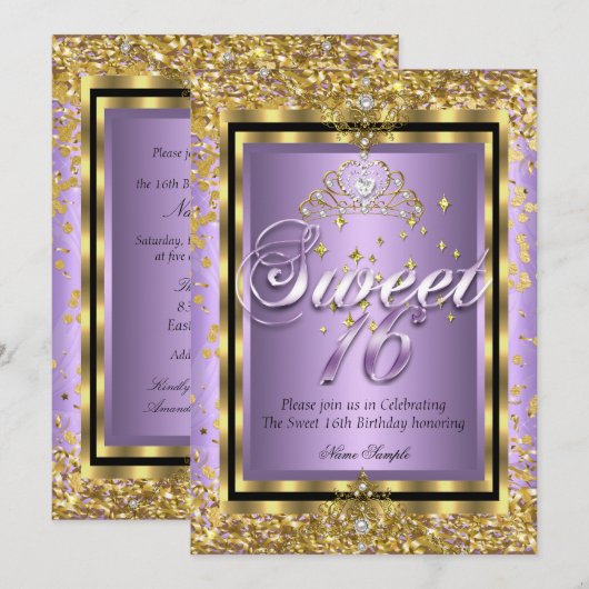 Regal Princess Sweet 16 Gold Lavender Paarse Party Kaart (Voorkant / Achterkant)
