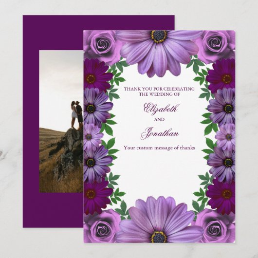 Regal Purple Floral Wedding Bedankkaart (Voorkant / Achterkant)