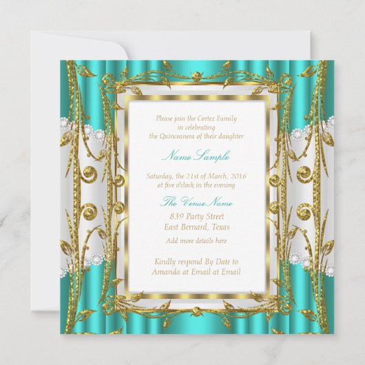 Regal Quinceanera 15e Blauwgroen Jade Gold White T Kaart (Achterkant)