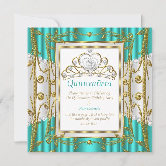 Regal Quinceanera 15e Blauwgroen Jade Gold White T Kaart (Voorkant)