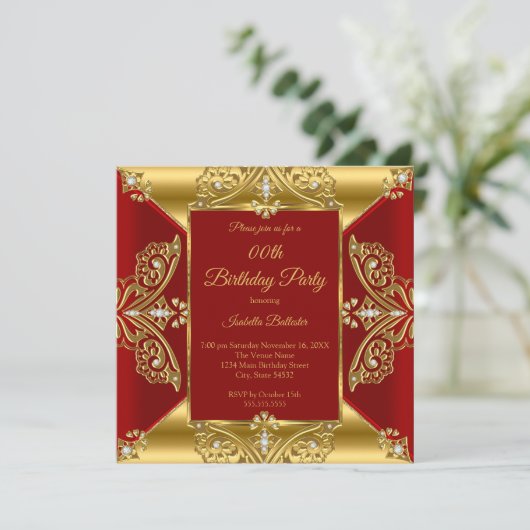 Regal Red Add Age Birthday Party Gold Diamond gem Kaart (Staand voorkant)