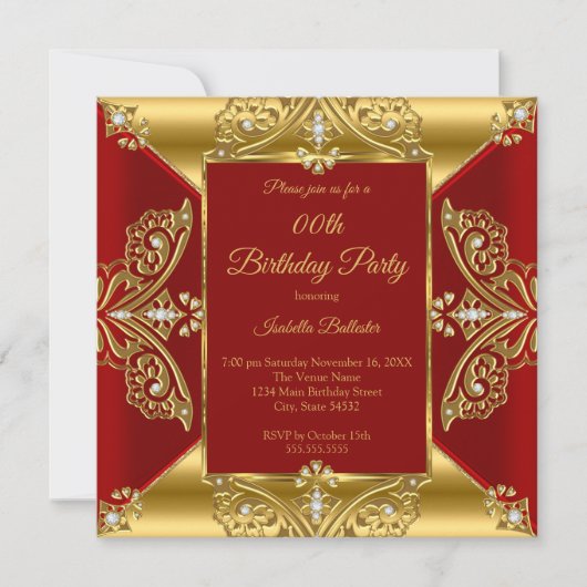 Regal Red Add Age Birthday Party Gold Diamond gem Kaart (Voorkant)