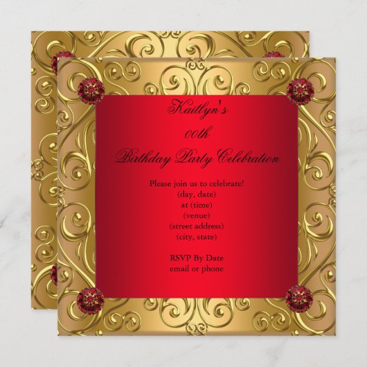 Regal Red Elegant Birthday Party Damask Gold Kaart (Voorkant / Achterkant)