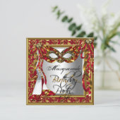 Regal Red Gold Damask Birthday Masquerade Party Kaart (Staand voorkant)