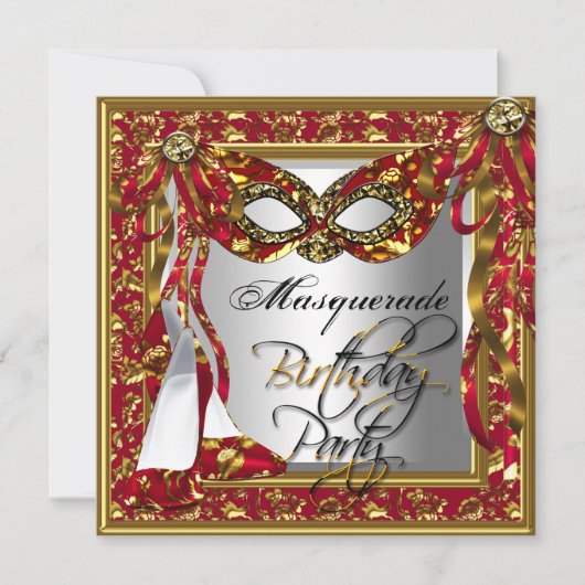 Regal Red Gold Damask Birthday Masquerade Party Kaart (Voorkant)