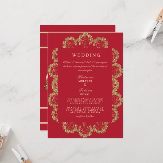 Regal Red & Gold Indian Style Wedding Invitation Kaart (Voorkant / Achterkant in situ)