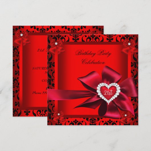 Regal Red Heart Damask 21st Birthday Party Kaart (Voorkant / Achterkant)