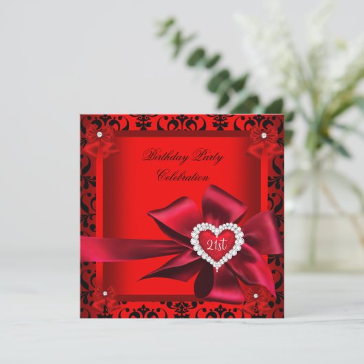 Regal Red Heart Damask 21st Birthday Party Kaart (Staand voorkant)