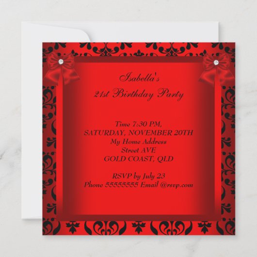 Regal Red Heart Damask 21st Birthday Party Kaart (Achterkant)