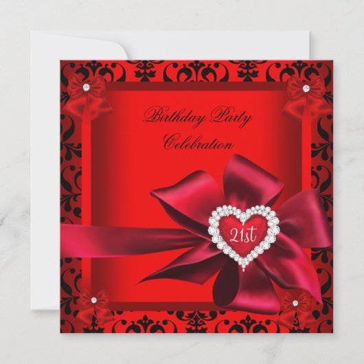 Regal Red Heart Damask 21st Birthday Party Kaart (Voorkant)