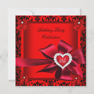 Regal Red Heart Damask 21st Birthday Party Kaart
