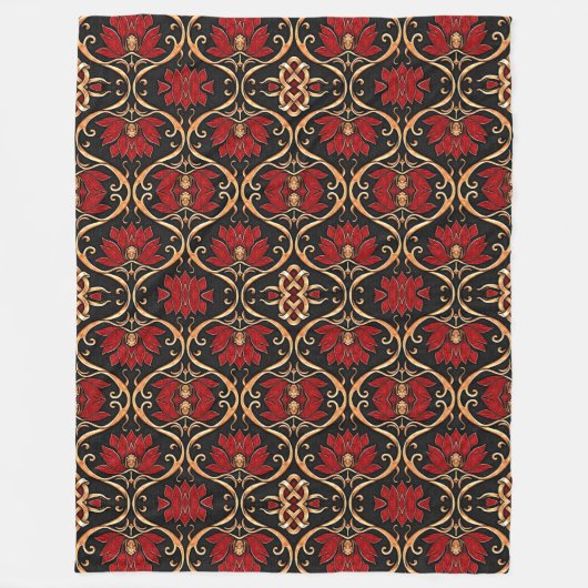 Regal Red Lotus & Golden Filigree Pattern Fleece Deken (Voorkant)