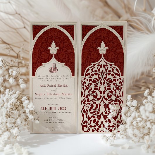 Regal rood islamitisch kant bruiloft uitnodiging