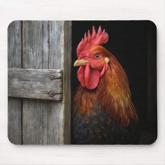 Regal Rooster gluren rond schuur deur Muismat (Voorkant)