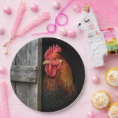 Regal Rooster gluren rond schuur deur Papieren Bordje (Feest)