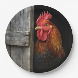 Regal Rooster gluren rond schuur deur Papieren Bordje