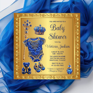 Regal Royal Blue Gold Prince Baby shower Kaart