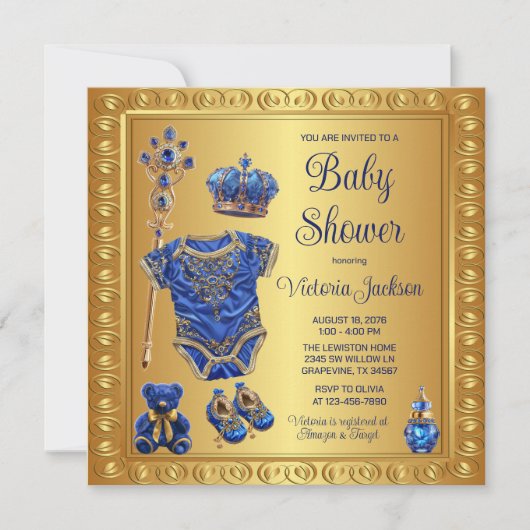 Regal Royal Blue Gold Prince Baby shower Kaart (Voorkant)