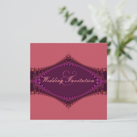 Regal Royal Fuchsia Lace Wedding Invitation Kaart (Staand voorkant)
