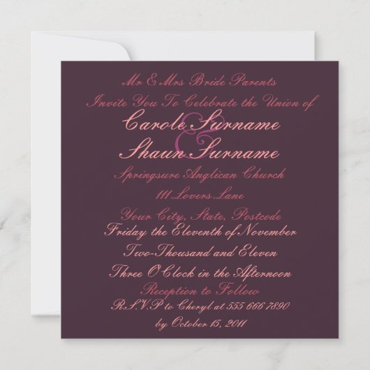 Regal Royal Fuchsia Lace Wedding Invitation Kaart (Achterkant)