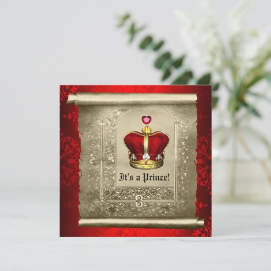 Regal Royal Red Prince Baby shower Uitnodiging (Staand voorkant)