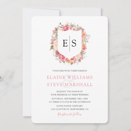 Regal Roze Bloemen Monogram Kreeft Huwelijk Kaart (Voorkant)