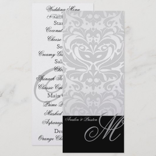 Regal Silver Monogram Damask Wedding Menu (Voorkant / Achterkant)