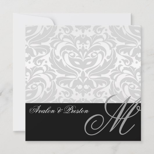 Regal Silver Monogram Damask Wedding Uitnodiging (Voorkant)