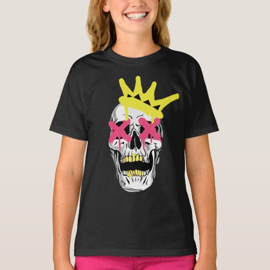 Regal Skull: Roze X-Eyed gekroonde kunst T-shirt (Voorkant)