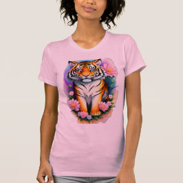 Regal Tiger Cub in Pink Floral Garden Graphic  T-shirt