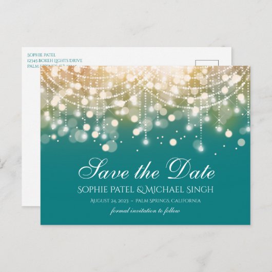 Regal Turquoise en Gold Bokeh Lights Briefkaart (Voorkant / Achterkant)