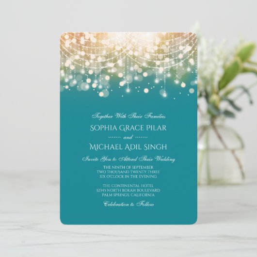Regal Turquoise en Gold Bokeh Lights Invitation Kaart (Staand voorkant)