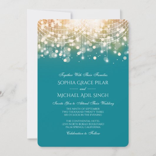 Regal Turquoise en Gold Bokeh Lights Invitation Kaart (Voorkant)