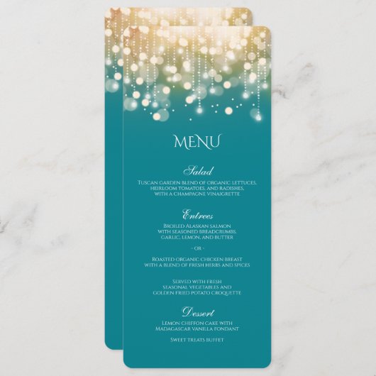 Regal Turquoise en Gold Bokeh Lights Menu (Voorkant / Achterkant)