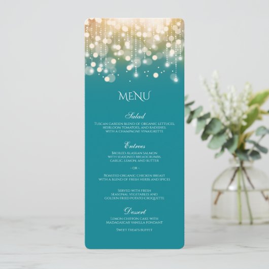 Regal Turquoise en Gold Bokeh Lights Menu (Staand voorkant)