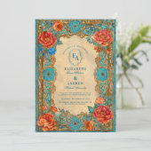 Regal Turquoise en Roos Bloom Wedding Kaart (Staand voorkant)