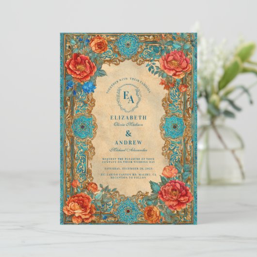 Regal Turquoise en Roos Bloom Wedding Kaart (Staand voorkant)