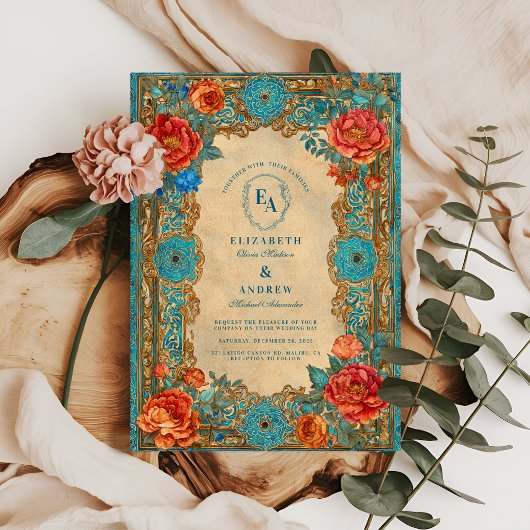 Regal Turquoise en Roos Bloom Wedding Kaart