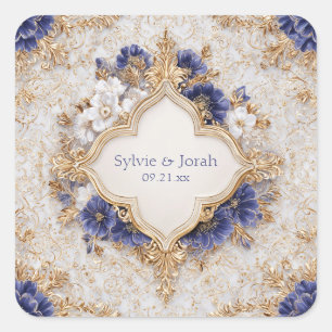 Regal Victoriaans Blauw en Goud Floral Elegance Vierkante Sticker