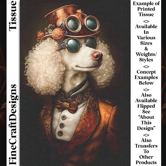 Regal White Steampunk Poedel Hond AX6 Decoupage Tissuepapier