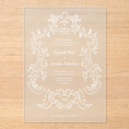 Regal Wit Barok Lijst | Bruiloft Acryl Uitnodigingen (Voorkant)