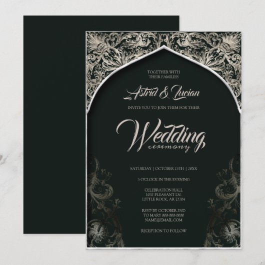 Regal zilver bloeien jager groen bruiloft kaart (Voorkant / Achterkant)