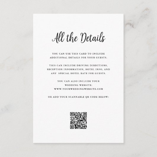 Regal Zwart en Wit | Huwelijksdetails QR-code Informatiekaartje (Voorkant)