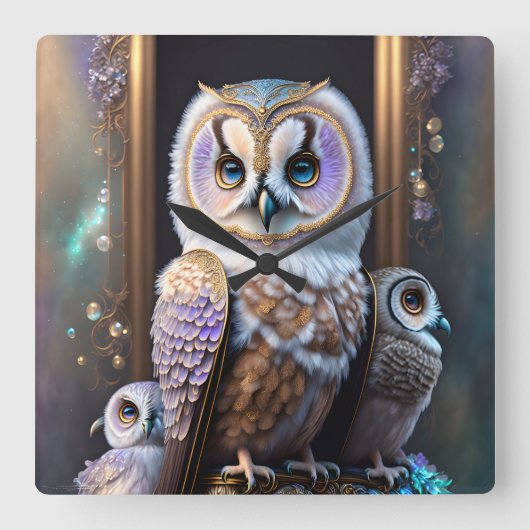 Regale uilen in pastellavendel vierkante klok (Voorkant)