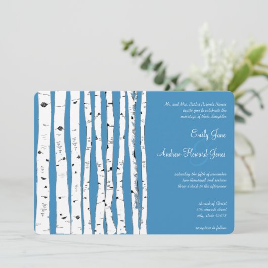 Regatta Blue Birch Tree Wedding Invitations Kaart (Staand voorkant)